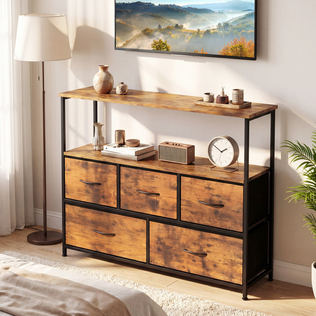 TV Stand Dresser for 45 Inch TV 5 Fabric Drawer Entertainment Center-Brown