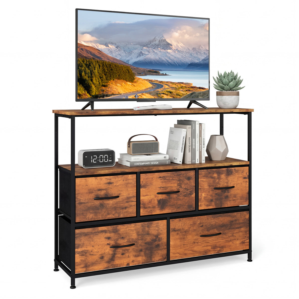 TV Stand Dresser for 45 Inch TV 5 Fabric Drawer Entertainment Center-Brown