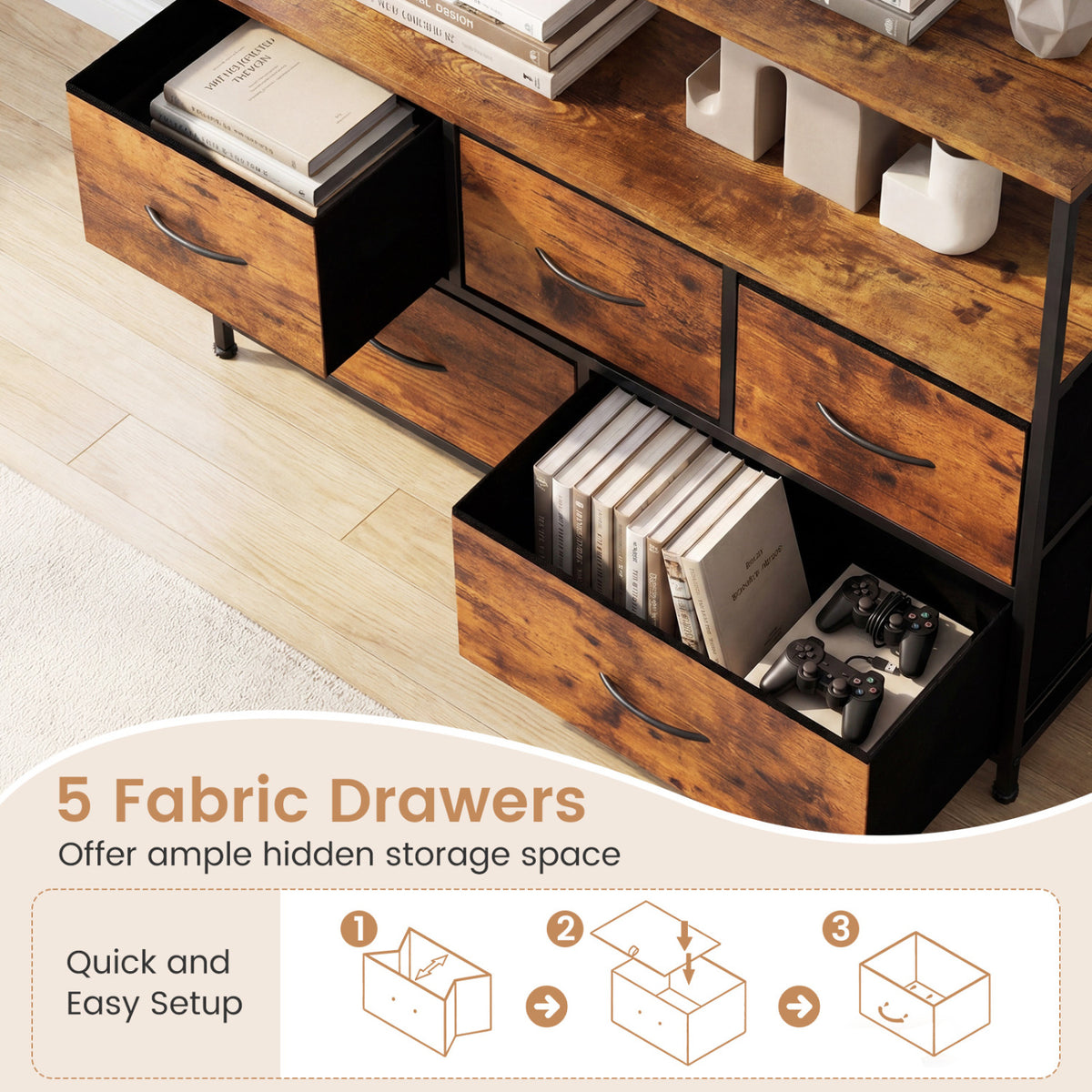 TV Stand Dresser for 45 Inch TV 5 Fabric Drawer Entertainment Center-Brown