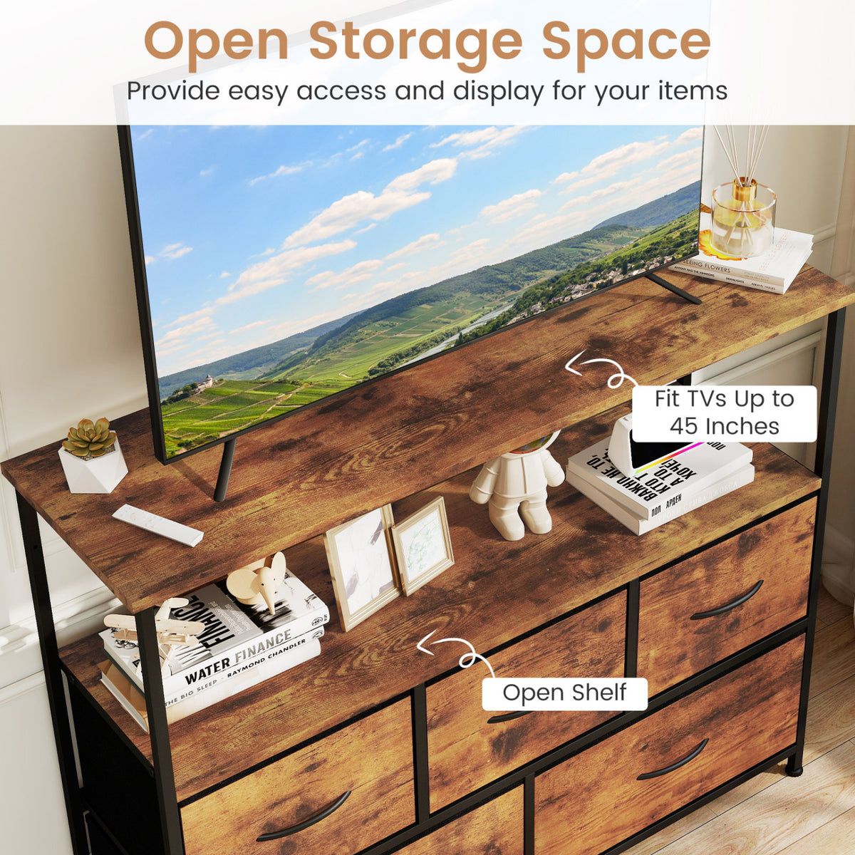 TV Stand Dresser for 45 Inch TV 5 Fabric Drawer Entertainment Center-Brown