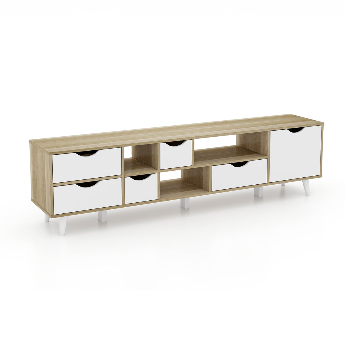 TV Stand for TVs up to 65 Television Cabinet w/ 5 Drawers & 3 Open Shelves-Oak