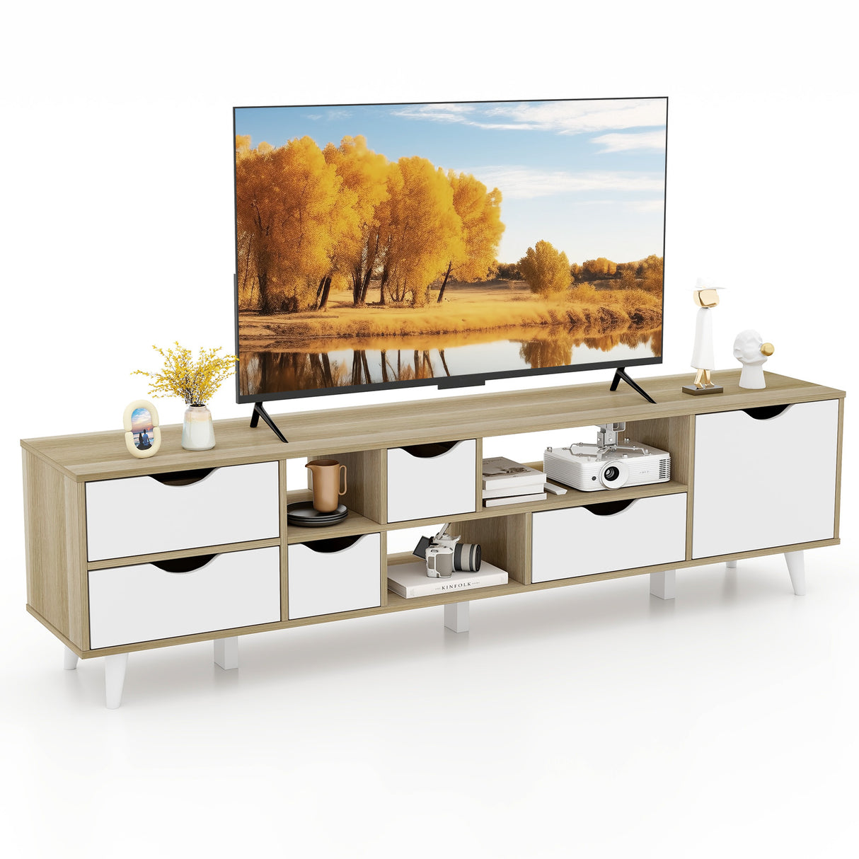 TV Stand for TVs up to 65 Television Cabinet w/ 5 Drawers & 3 Open Shelves-Oak