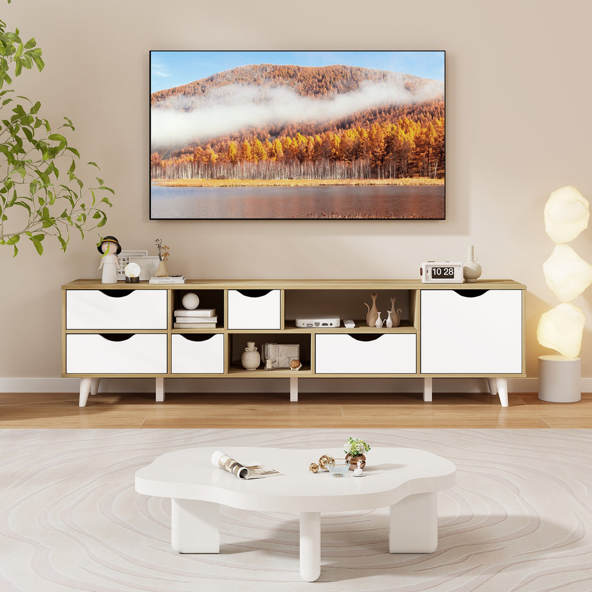 TV Stand for TVs up to 65 Television Cabinet w/ 5 Drawers & 3 Open Shelves-Oak