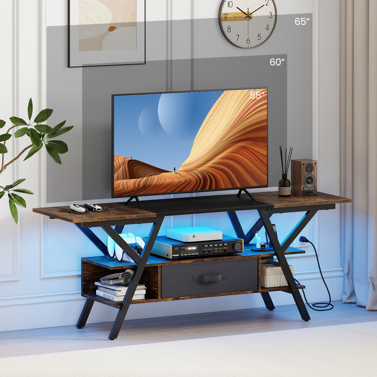 TV Stand for 65 Inch TVs with Power Outlets and LED Lights-Rustic Brown