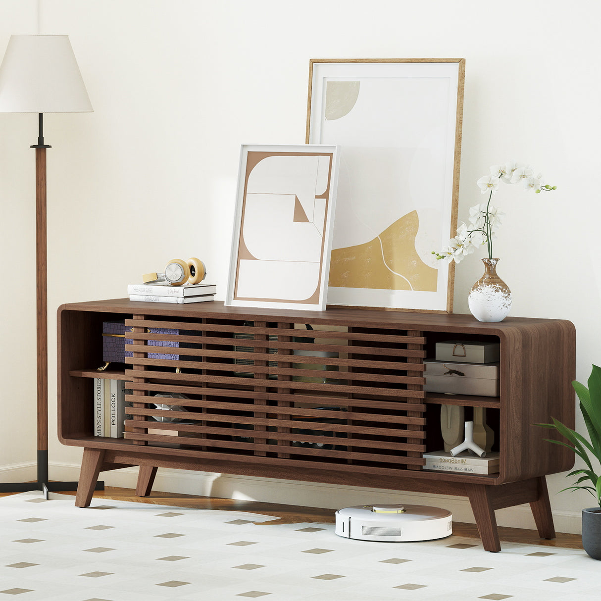 TV Stand for TVs up to 65" with Sliding Doors and Adjustable Shelves for Living Room-Walnut
