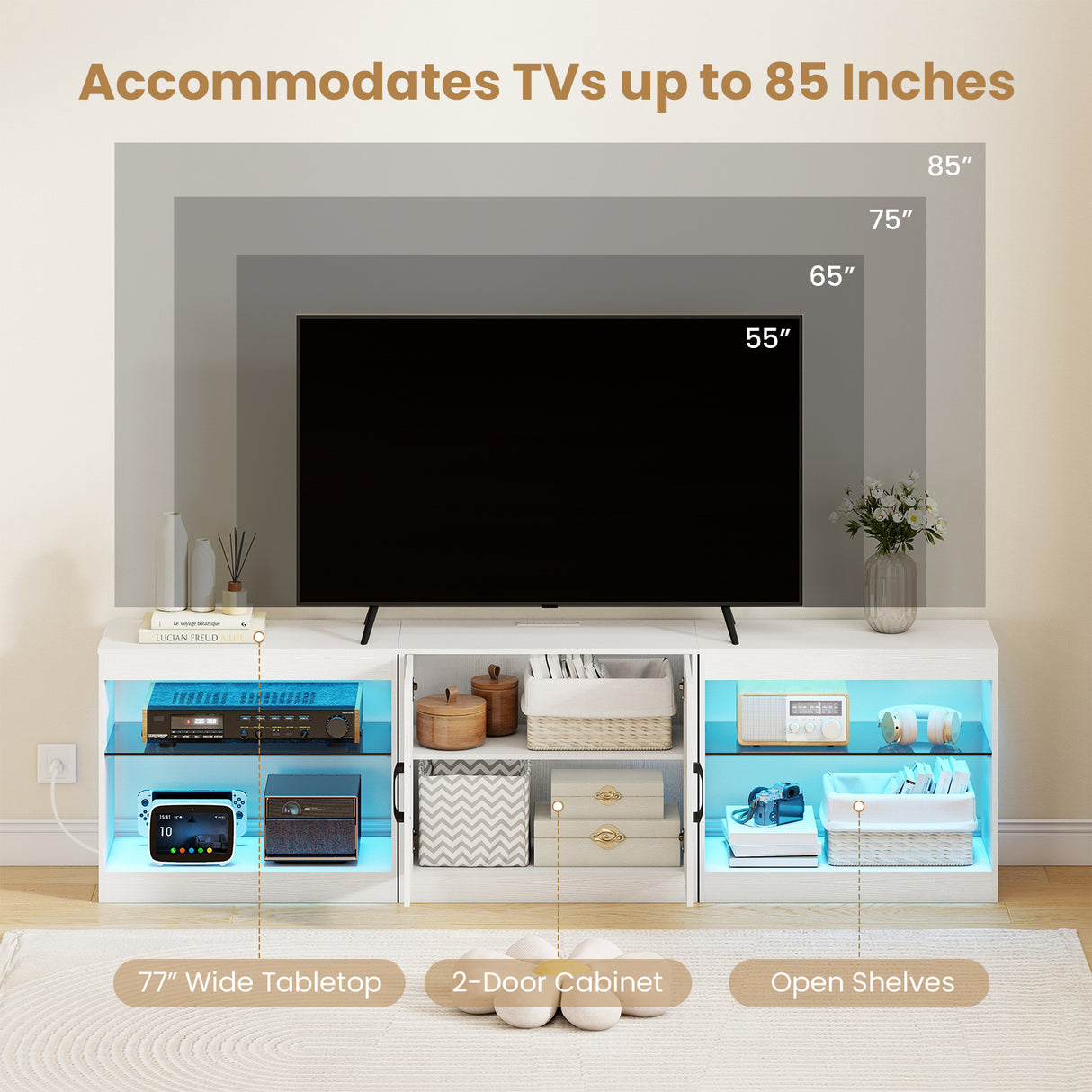TV Stand for TVs up to 85 Inches LED Entertainment Center with Power Outlets-White