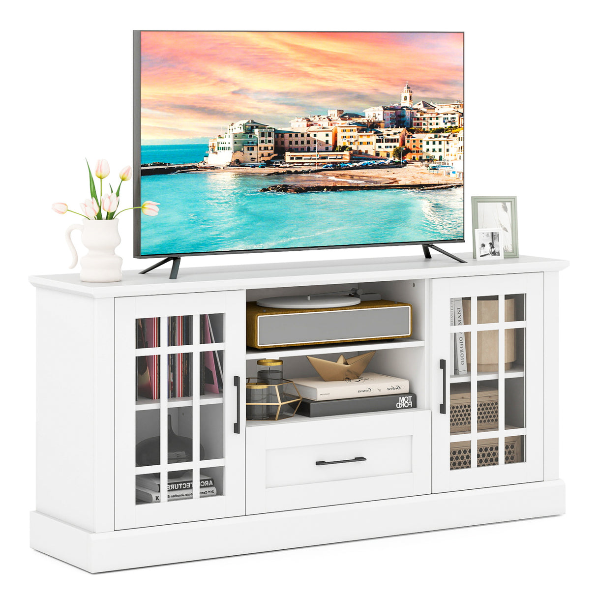 TV Stand for TVs up to 70 with Glass Doors Cubbies and Drawer-White
