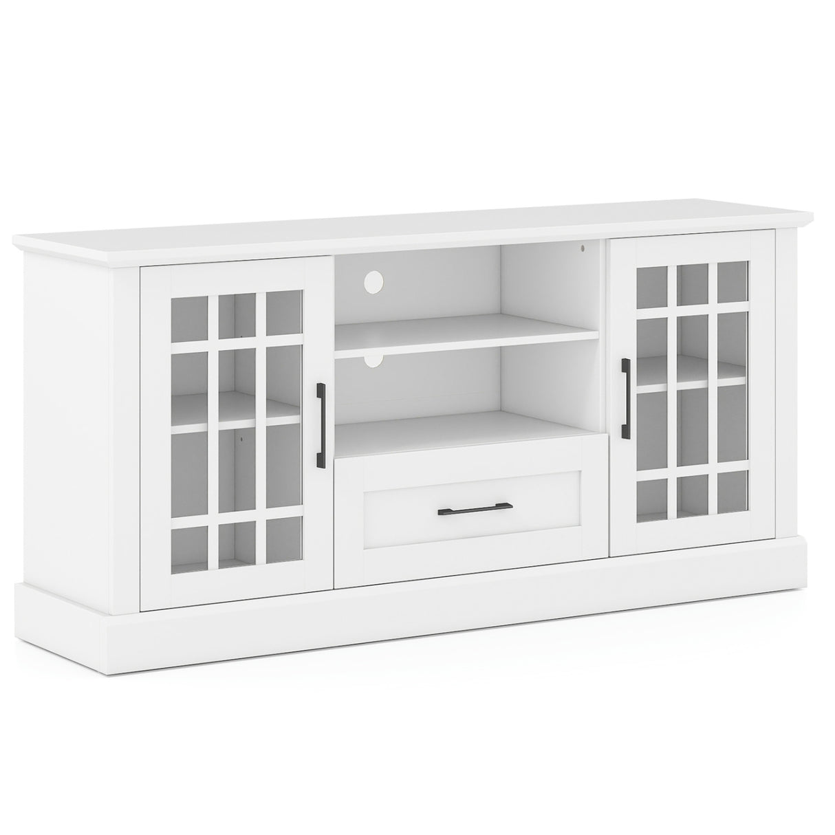 TV Stand for TVs up to 70 with Glass Doors Cubbies and Drawer-White
