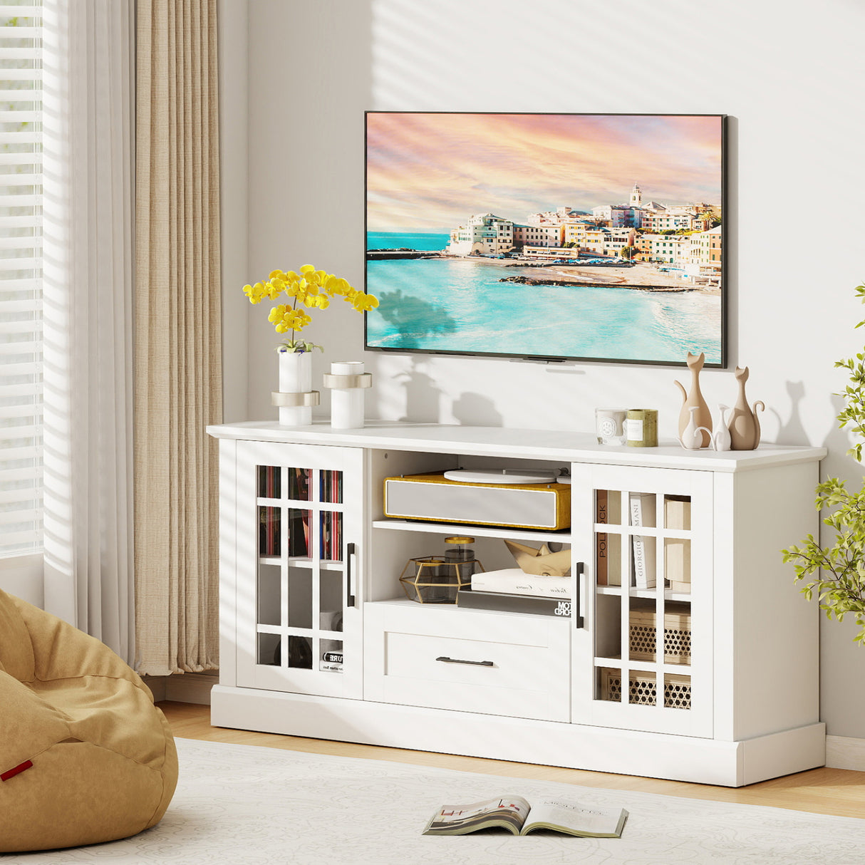 TV Stand for TVs up to 70 with Glass Doors Cubbies and Drawer-White