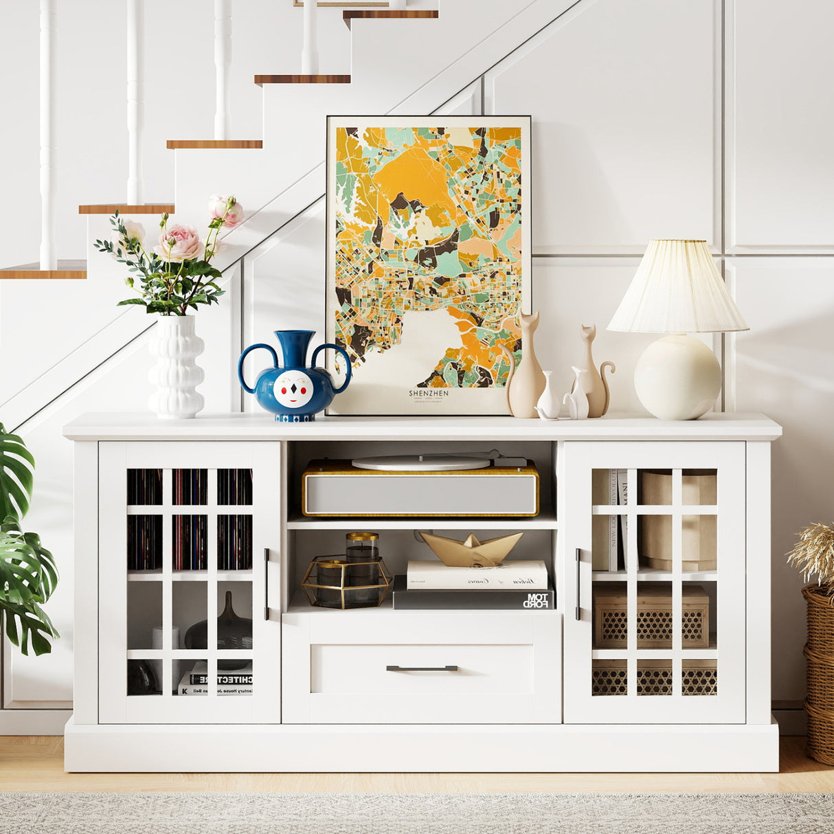 TV Stand for TVs up to 70 with Glass Doors Cubbies and Drawer-White