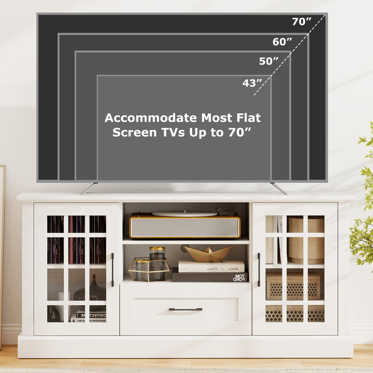 TV Stand for TVs up to 70 with Glass Doors Cubbies and Drawer-White