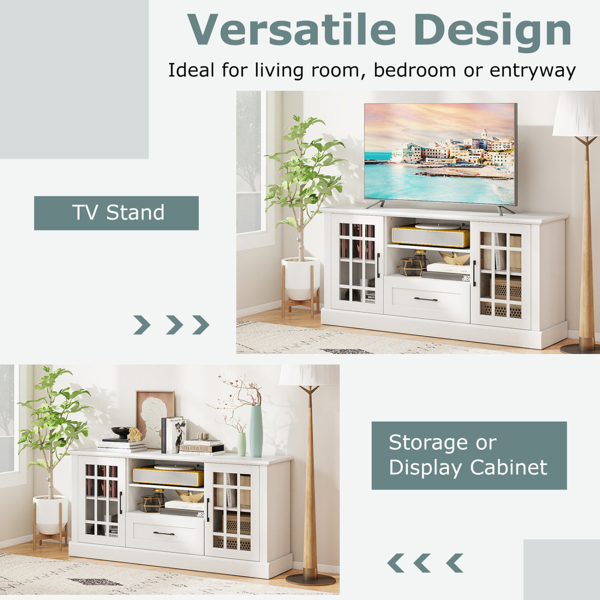 TV Stand for TVs up to 70 with Glass Doors Cubbies and Drawer-White