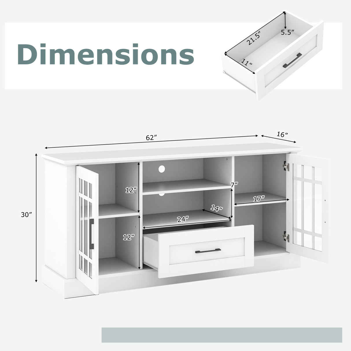 TV Stand for TVs up to 70 with Glass Doors Cubbies and Drawer-White