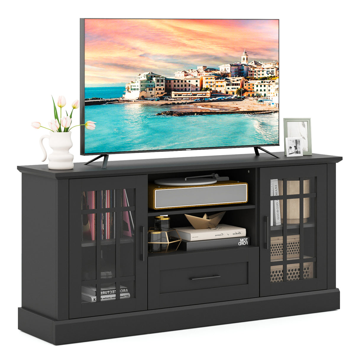 TV Stand for TVs up to 70 with Glass Doors Cubbies and Drawer-Black