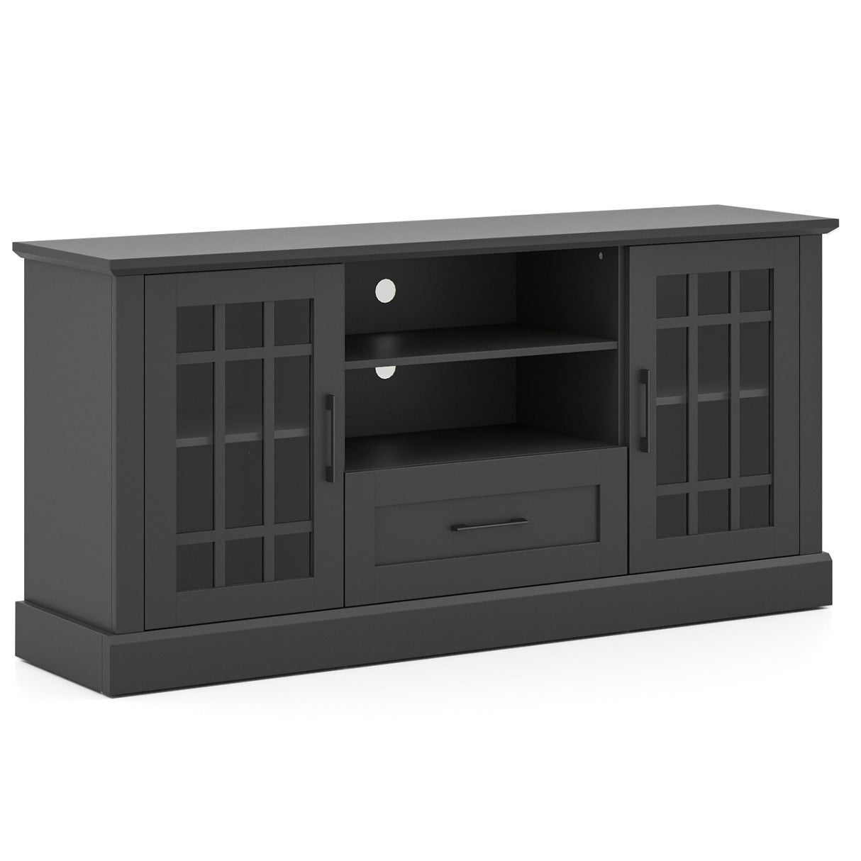 TV Stand for TVs up to 70 with Glass Doors Cubbies and Drawer-Black