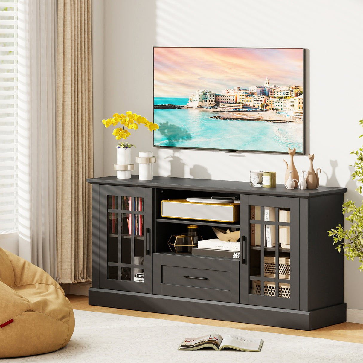TV Stand for TVs up to 70 with Glass Doors Cubbies and Drawer-Black