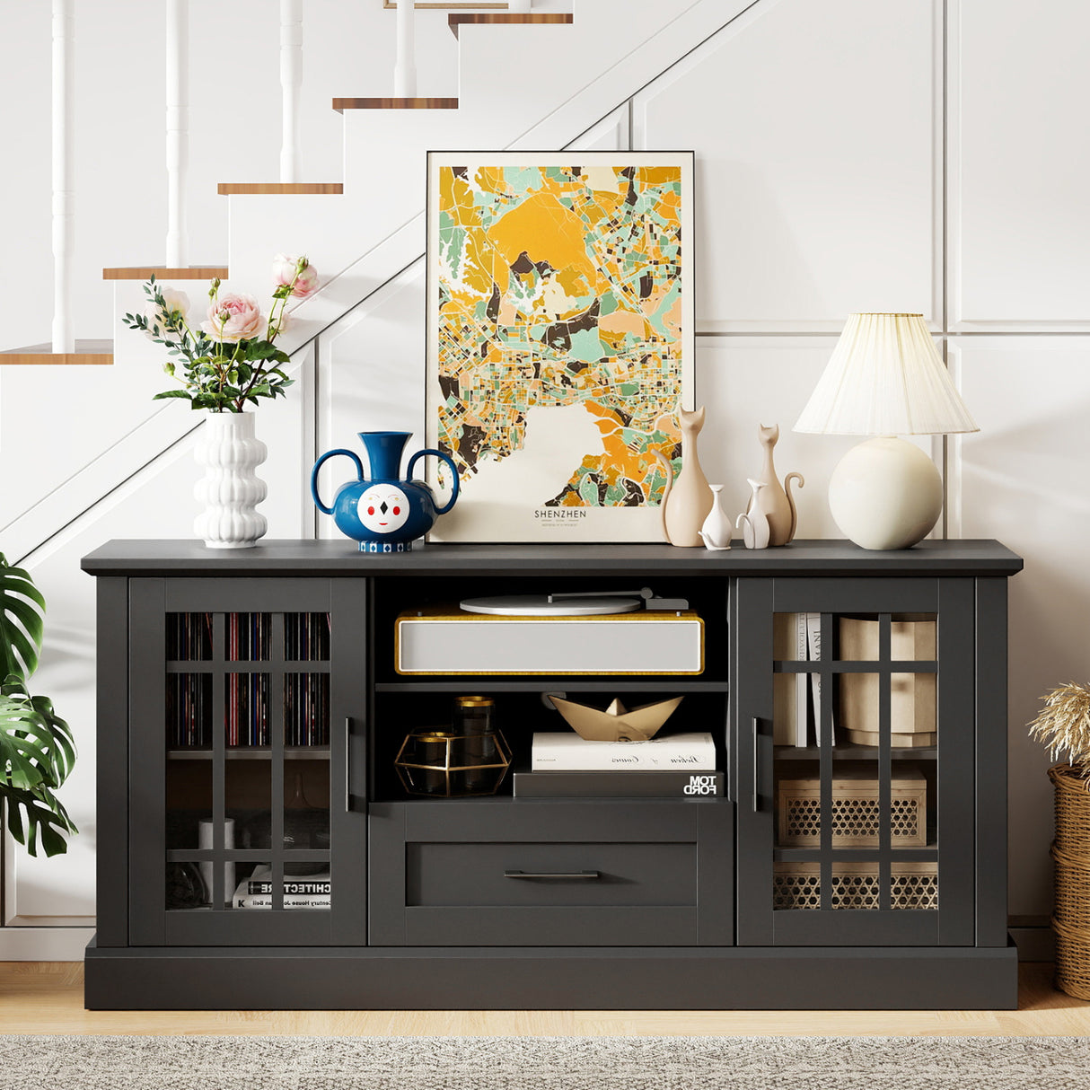TV Stand for TVs up to 70 with Glass Doors Cubbies and Drawer-Black