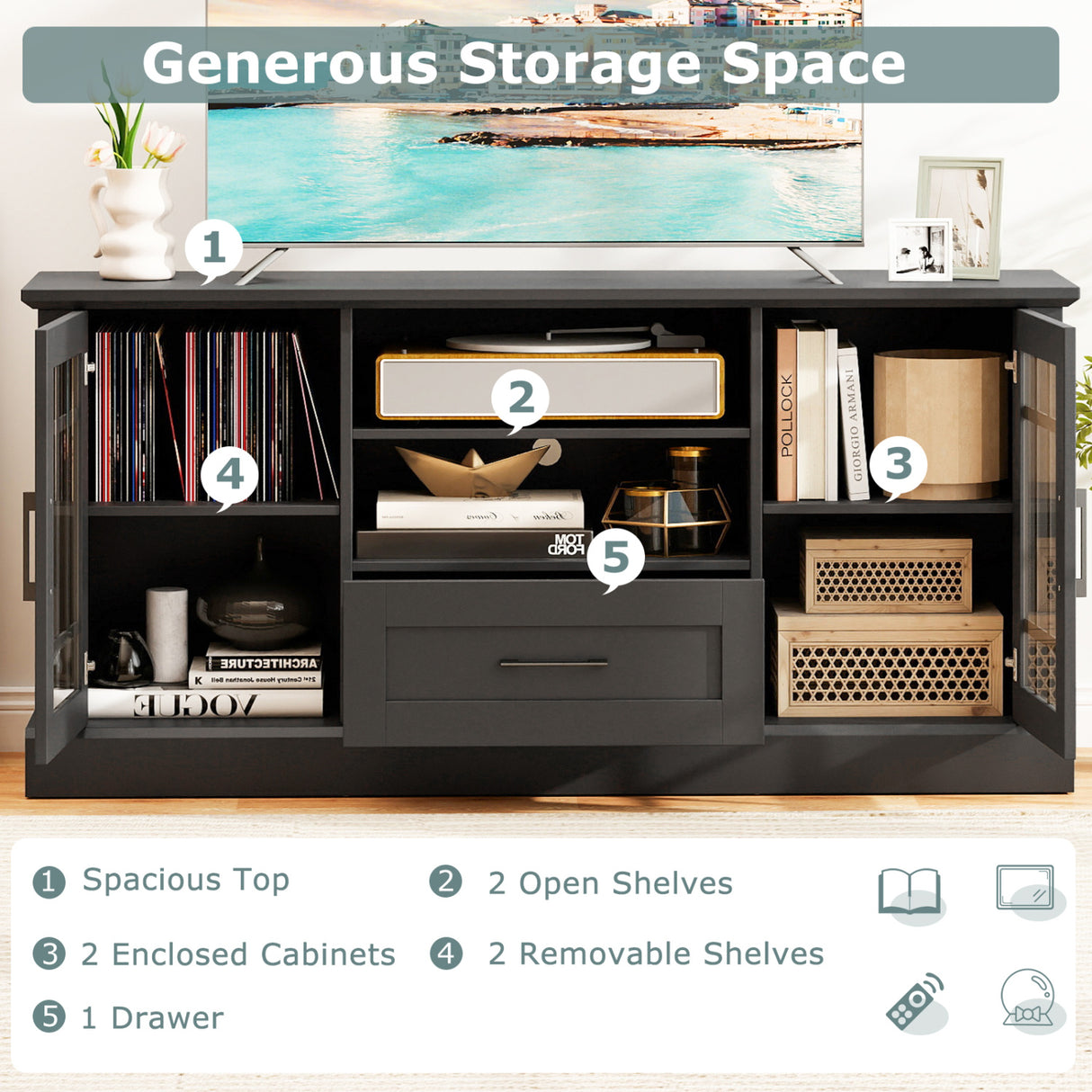 TV Stand for TVs up to 70 with Glass Doors Cubbies and Drawer-Black