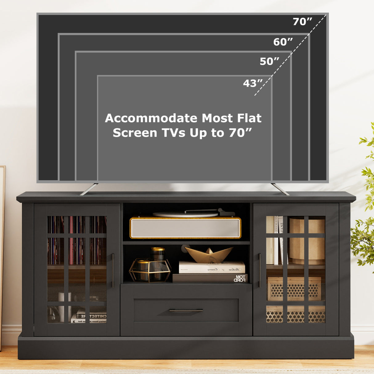 TV Stand for TVs up to 70 with Glass Doors Cubbies and Drawer-Black