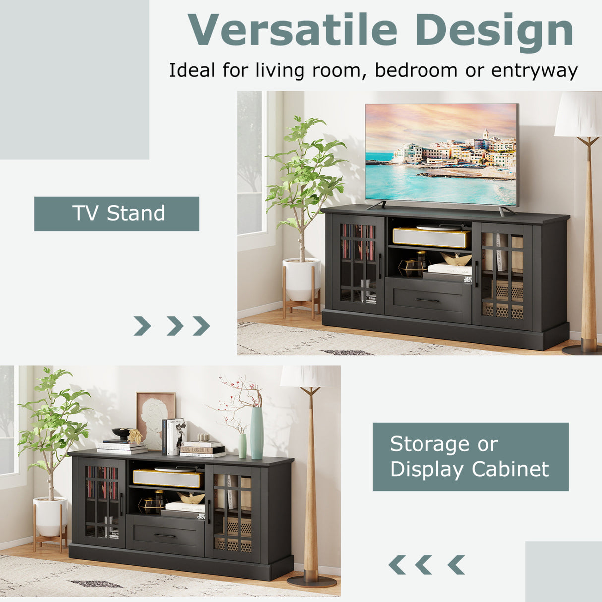 TV Stand for TVs up to 70 with Glass Doors Cubbies and Drawer-Black