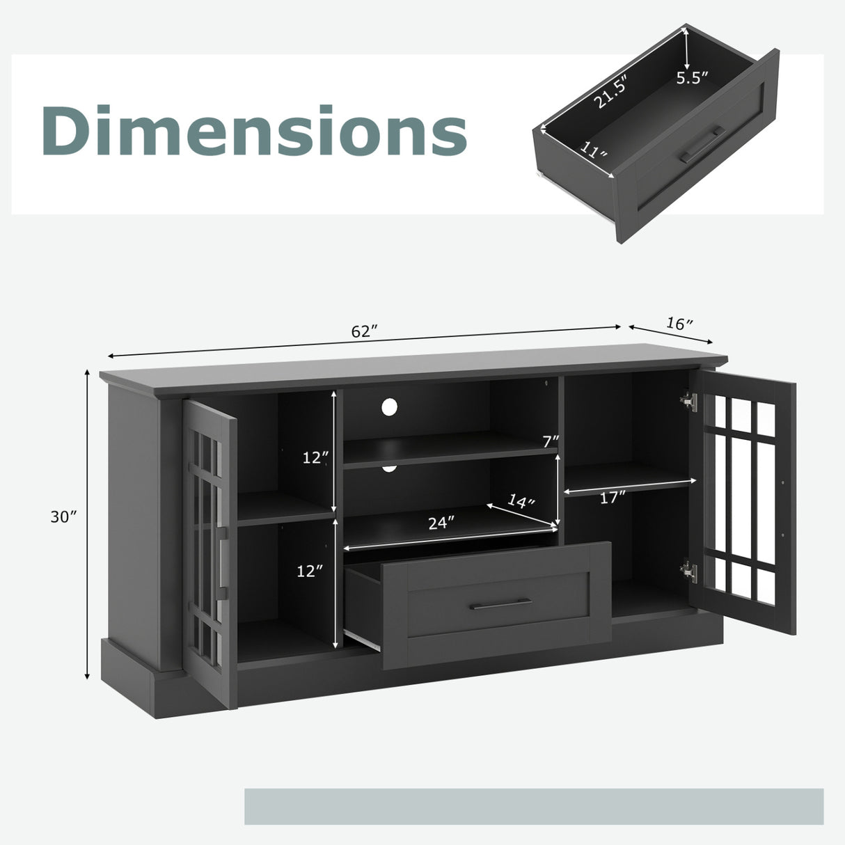 TV Stand for TVs up to 70 with Glass Doors Cubbies and Drawer-Black