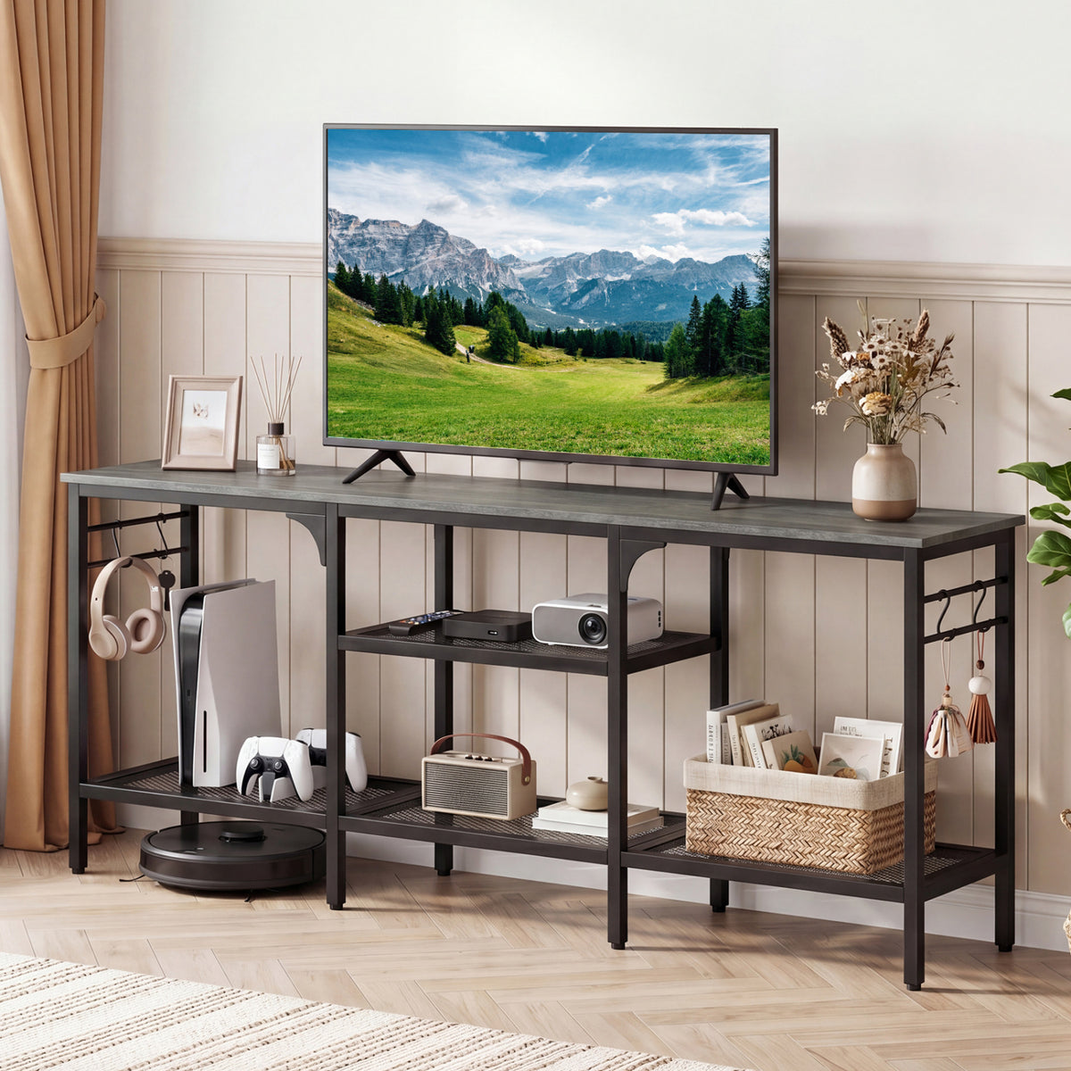 TV Stand for TVs up to 65 Inch with 3-Tier Open Shelves and 4 Hooks-Oak & Black