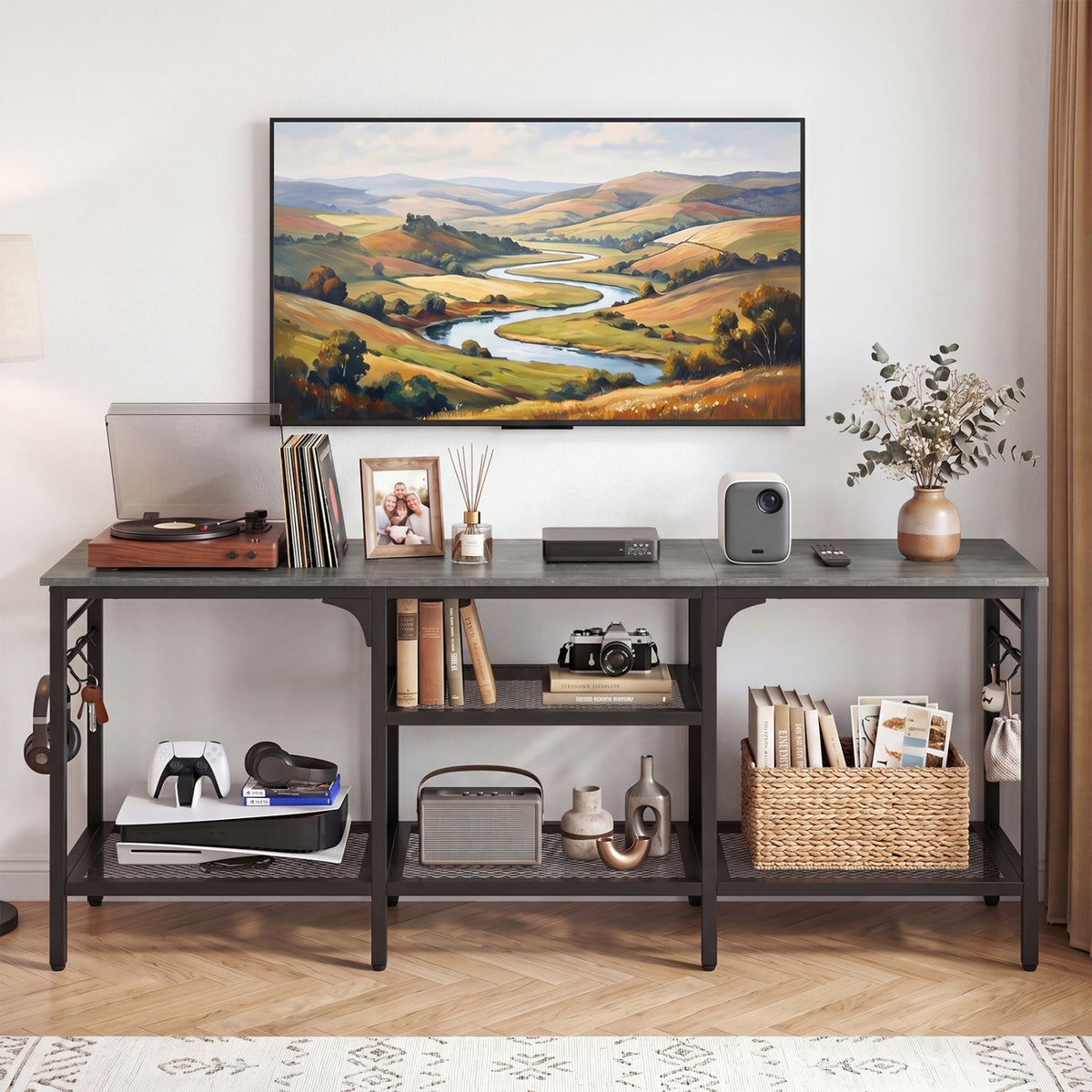TV Stand for TVs up to 65 Inch with 3-Tier Open Shelves and 4 Hooks-Oak & Black