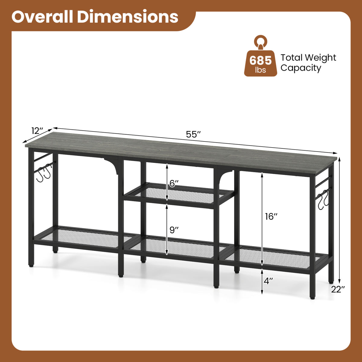 TV Stand for TVs up to 65 Inch with 3-Tier Open Shelves and 4 Hooks-Oak & Black