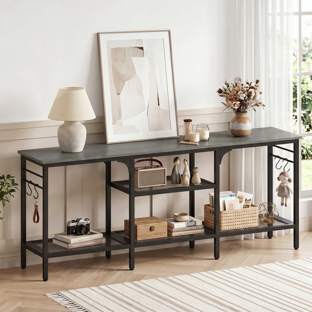 TV Stand for TVs up to 65 Inch with 3-Tier Open Shelves and 4 Hooks-Oak & Black