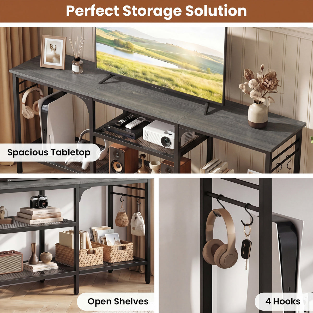 TV Stand for TVs up to 65 Inch with 3-Tier Open Shelves and 4 Hooks-Oak & Black