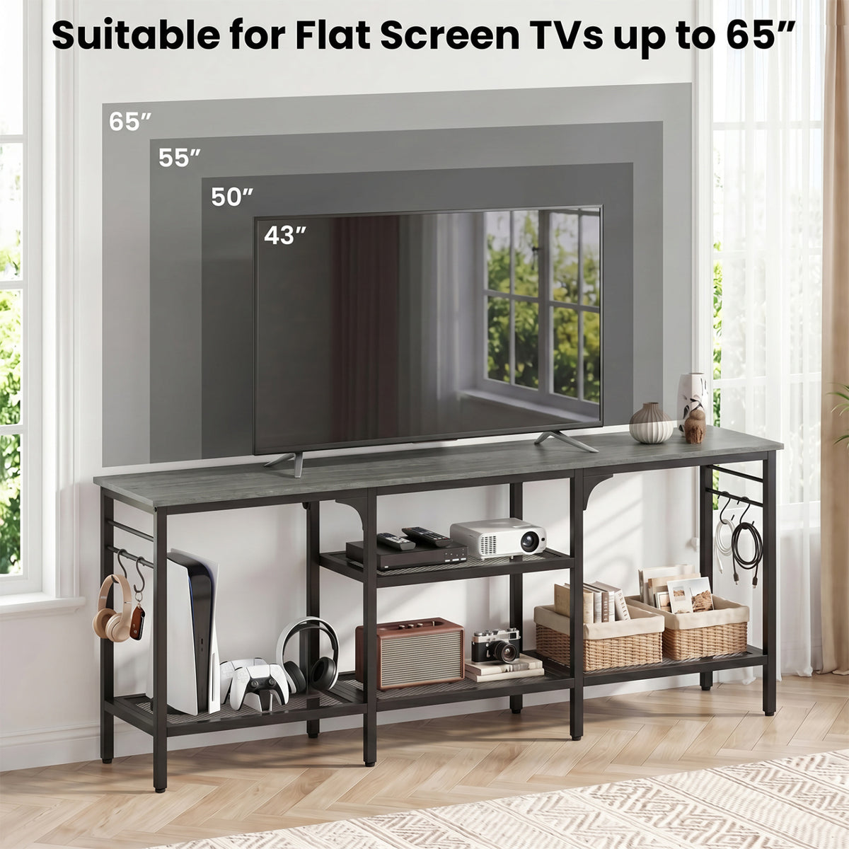 TV Stand for TVs up to 65 Inch with 3-Tier Open Shelves and 4 Hooks-Oak & Black