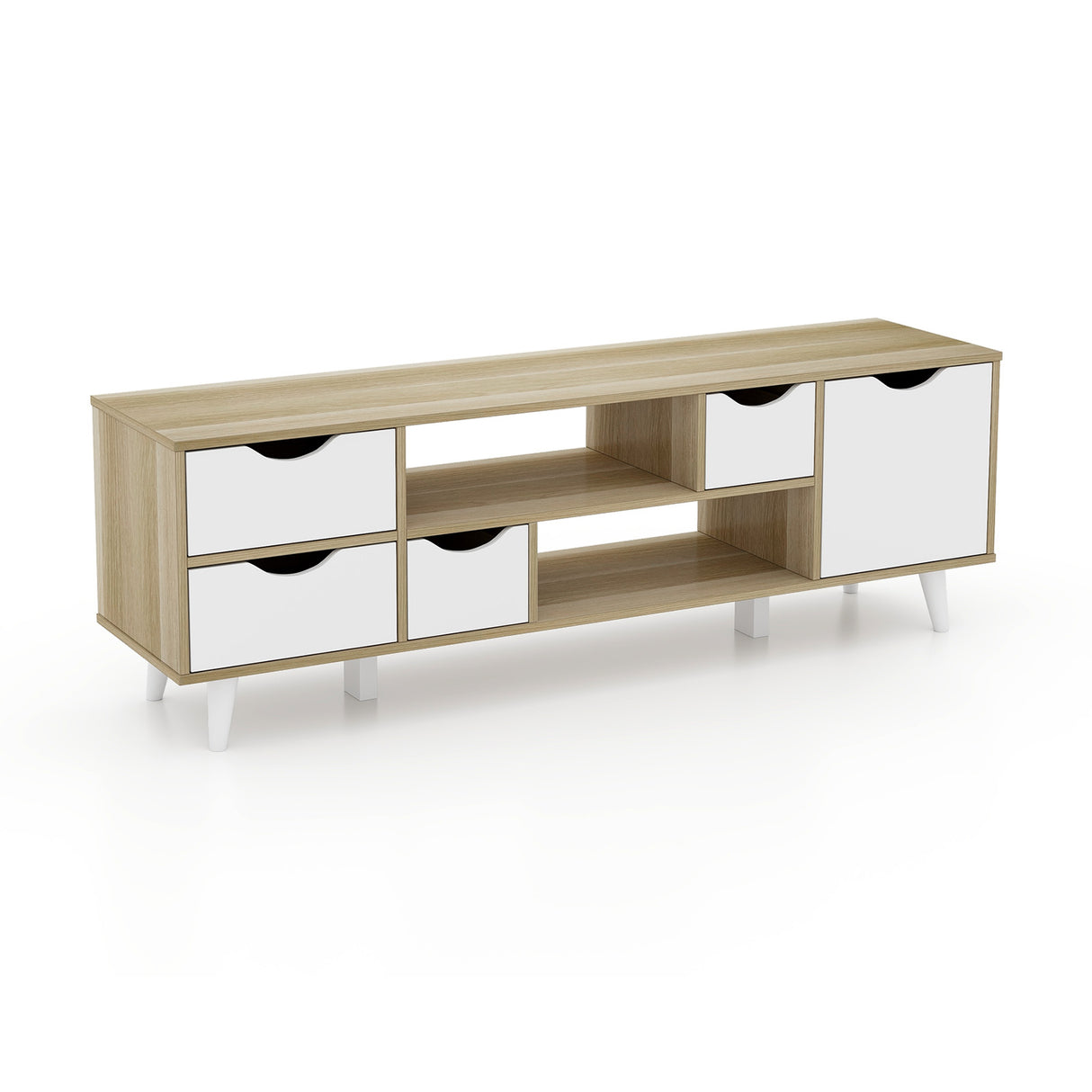 TV Stand for TVs up to 55 Television Cabinet w/ 4 Drawers & 2 Open Shelves-Oak