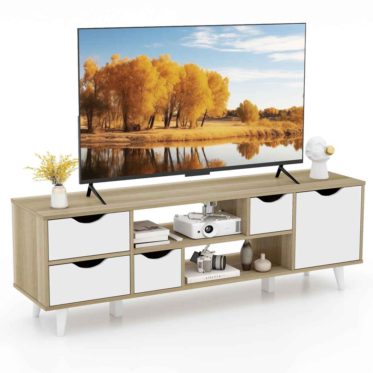 TV Stand for TVs up to 55 Television Cabinet w/ 4 Drawers & 2 Open Shelves-Oak