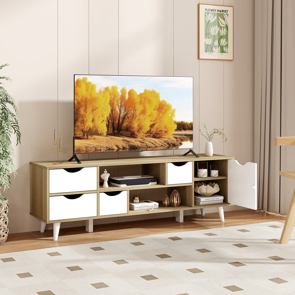 TV Stand for TVs up to 55 Television Cabinet w/ 4 Drawers & 2 Open Shelves-Oak