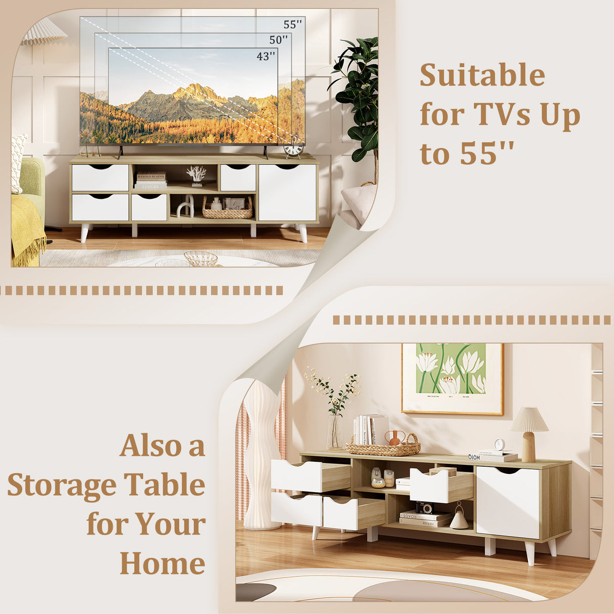TV Stand for TVs up to 55 Television Cabinet w/ 4 Drawers & 2 Open Shelves-Oak