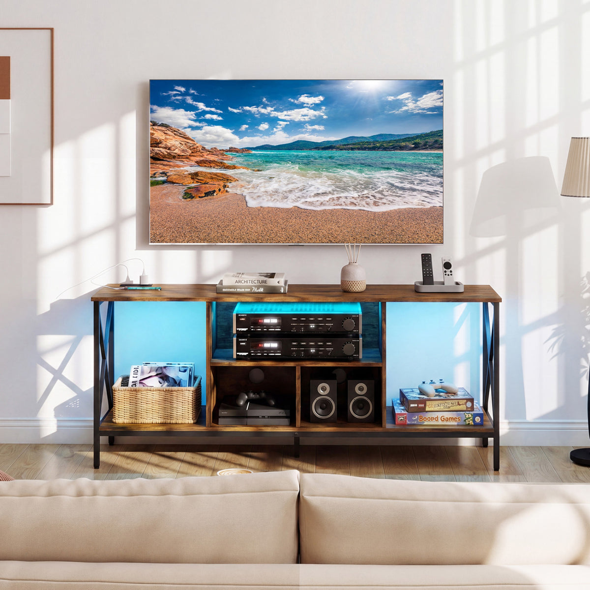 TV Stand with LED Lights for 65 Inch TV Entertainment Center with Power Outlets-Brown