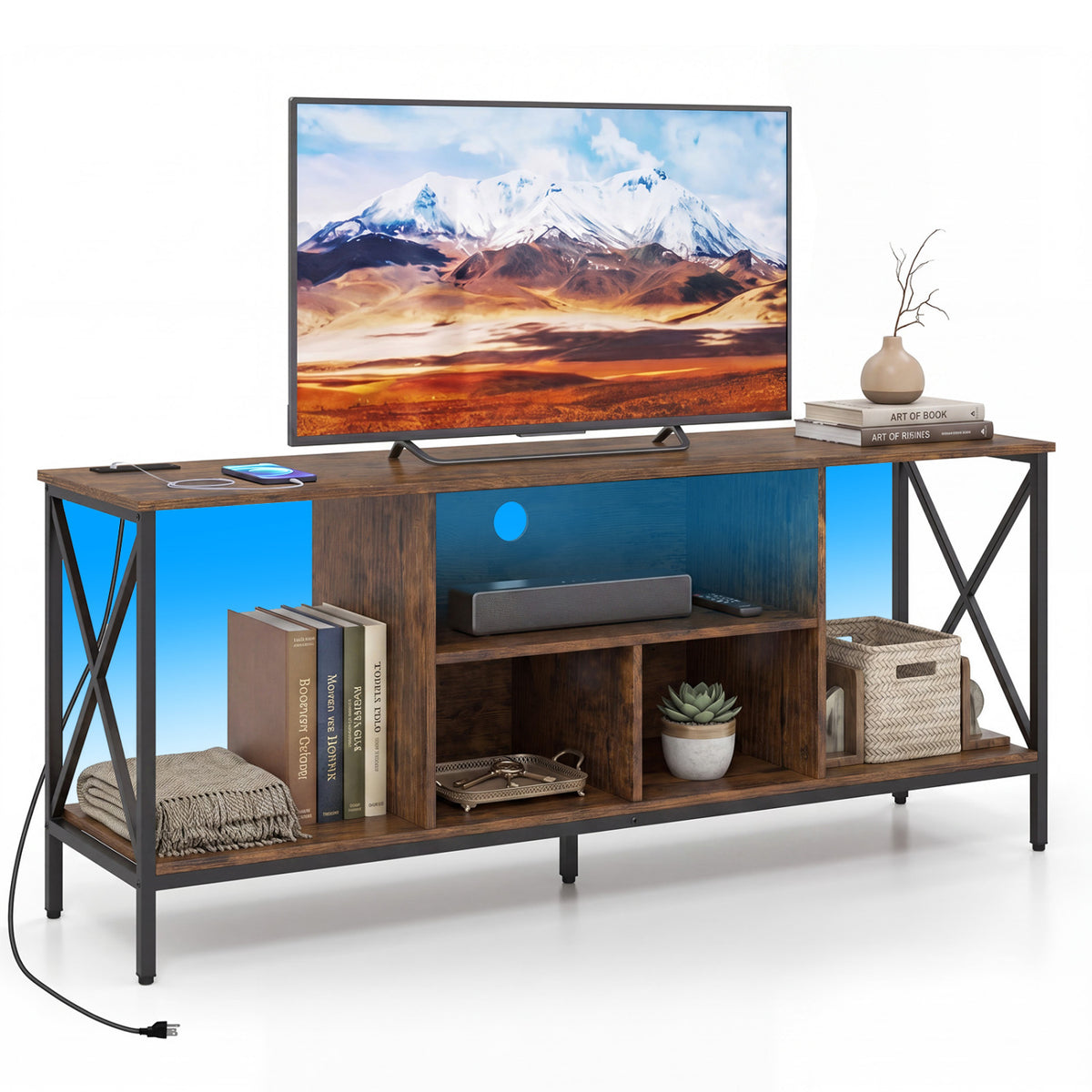 TV Stand with LED Lights for 65 Inch TV Entertainment Center with Power Outlets-Brown