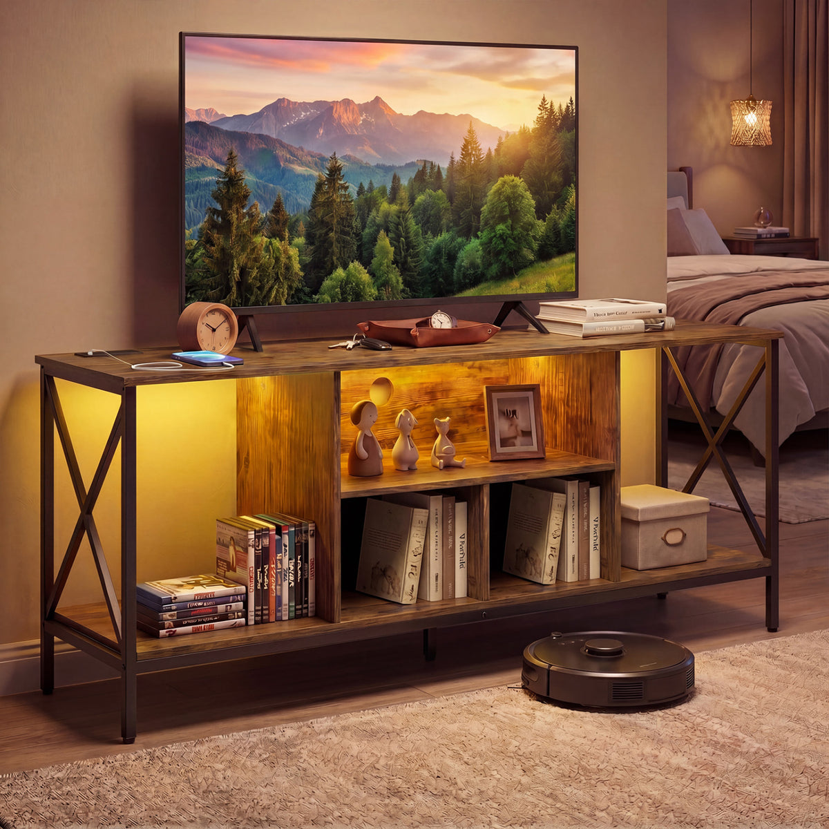 TV Stand with LED Lights for 65 Inch TV Entertainment Center with Power Outlets-Brown