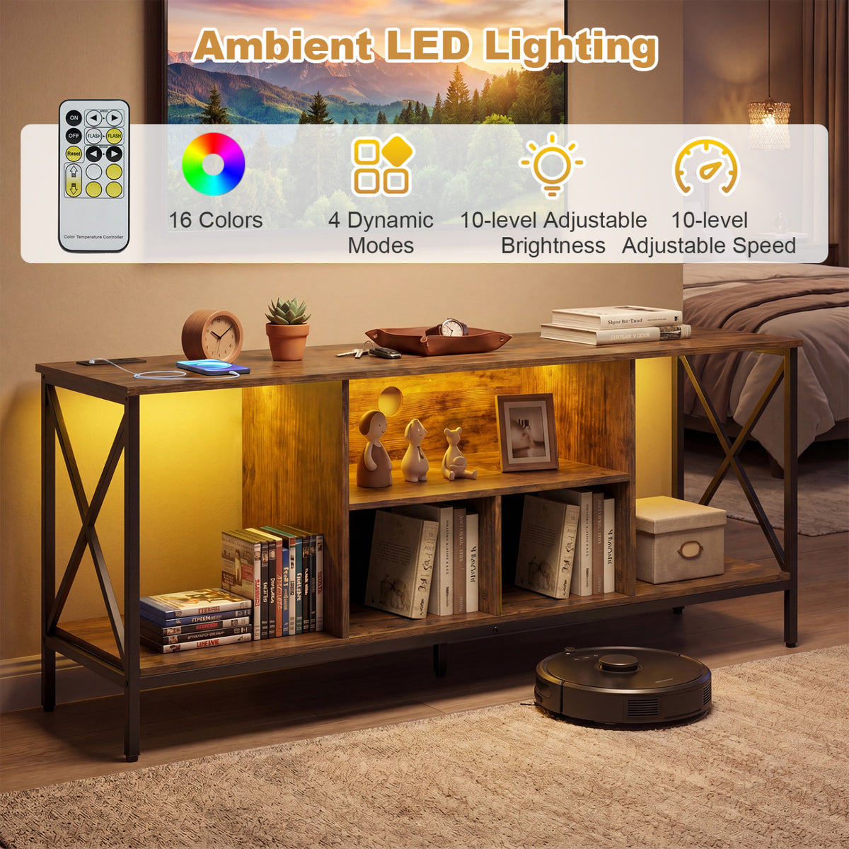 TV Stand with LED Lights for 65 Inch TV Entertainment Center with Power Outlets-Brown
