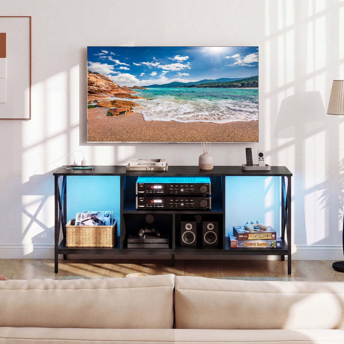 TV Stand with LED Lights for 65 Inch TV Entertainment Center with Power Outlets-Black