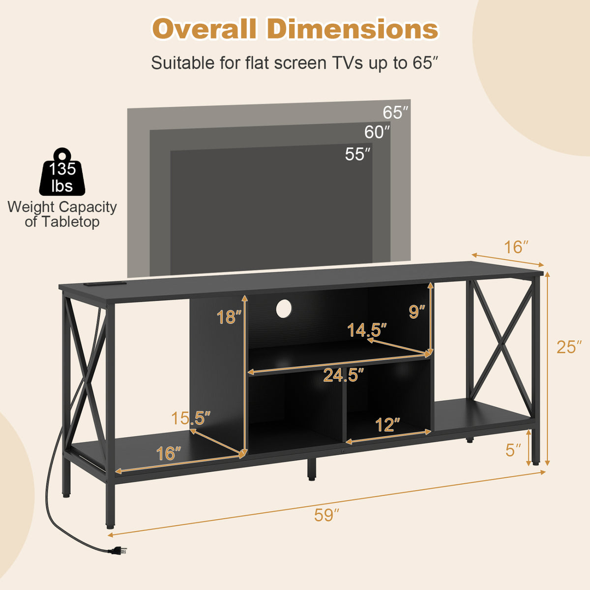 TV Stand with LED Lights for 65 Inch TV Entertainment Center with Power Outlets-Black