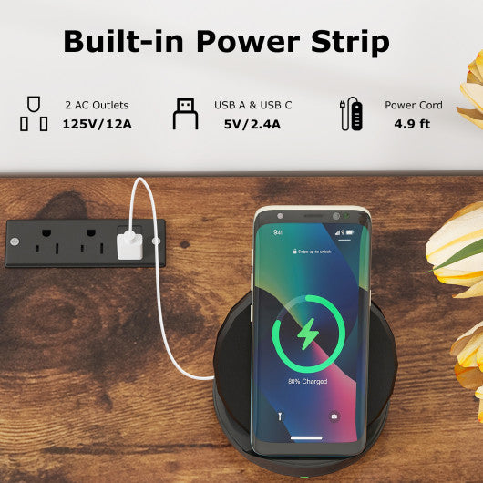 TV Stand with Power Outlet and 2 Cable Holes for 65 Inch TVs-Rustic Brown