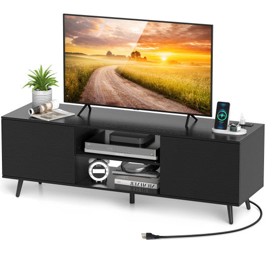 TV Stand with Power Outlets and Adjustable Shelf for 60 Inch TVs-Black