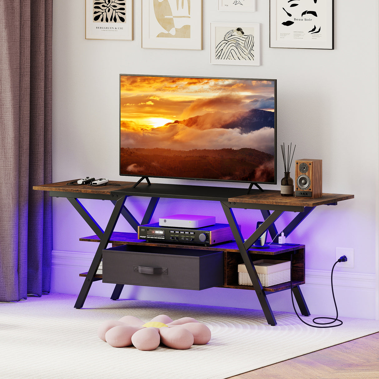 TV Stand for 65 Inch TVs with Power Outlets and LED Lights-Rustic Brown