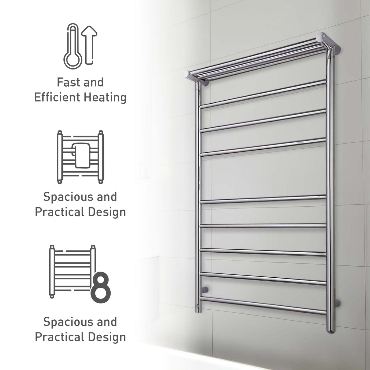 Pursonic Wall Mount Electric Towel Warmer with 8 Heated Bars Plus 3 Non-heated Bars by Pursonic