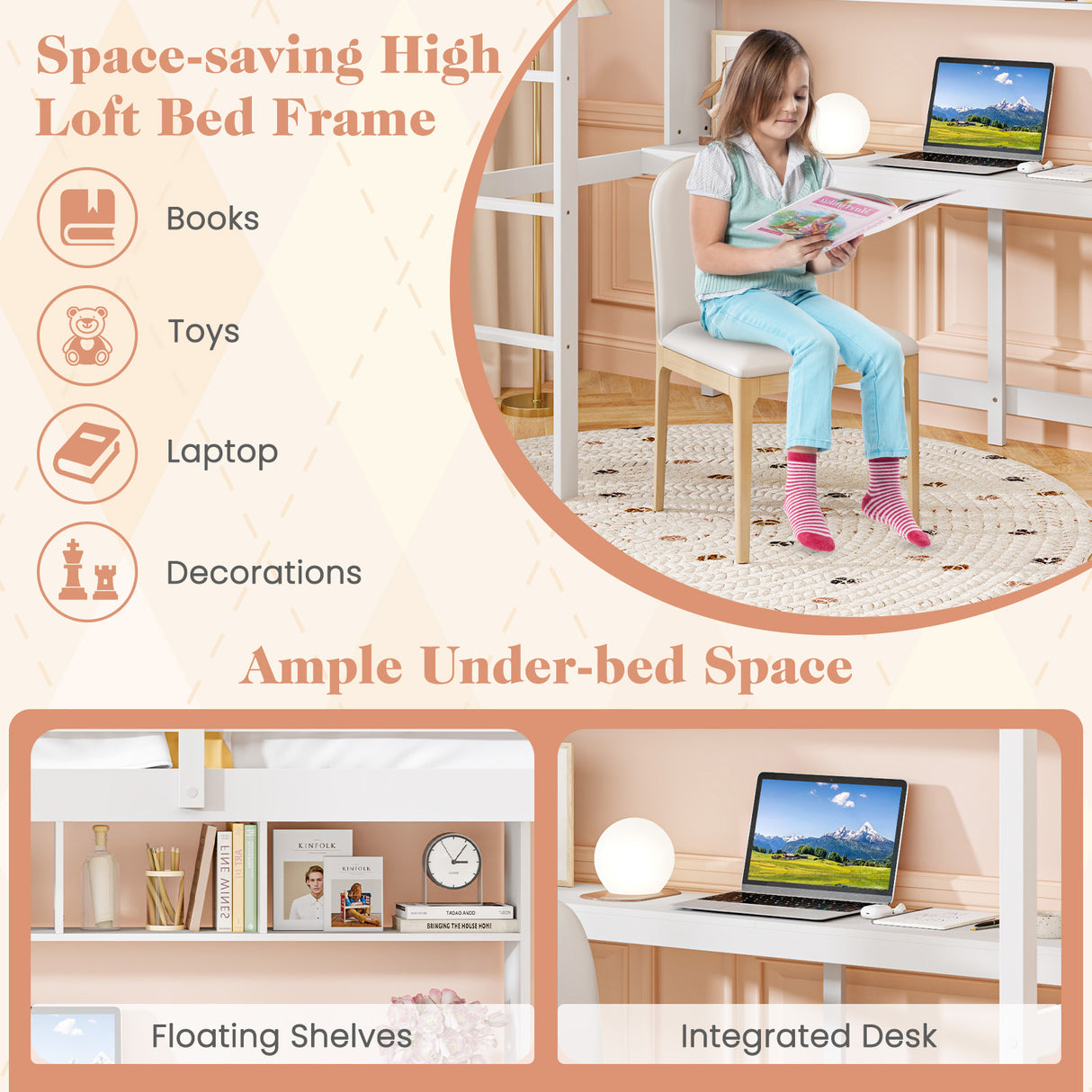 Twin Size Loft Bed with Desk and Shelves for Home Dorm Apartment No Box Spring Needed-White