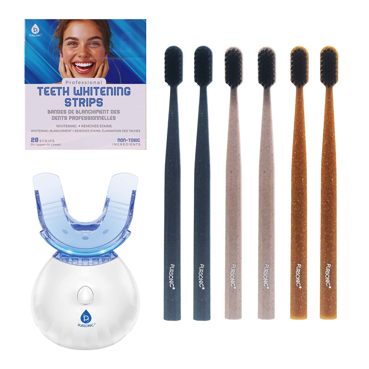 Pursonic LED Teeth Whitening Solution, Whitening Strips & Charcoal Toothbrush Bundle by Pursonic