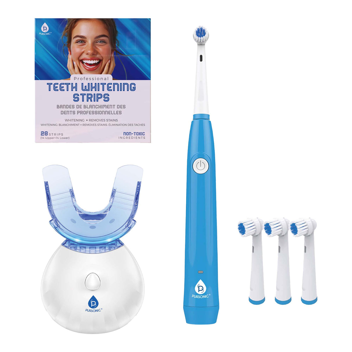 Pursonic Ultimate Teeth Whitening & Oral Care Bundle – LED Whitening Kit, Whitening Strips, & USB Rotary Toothbrush by Pursonic