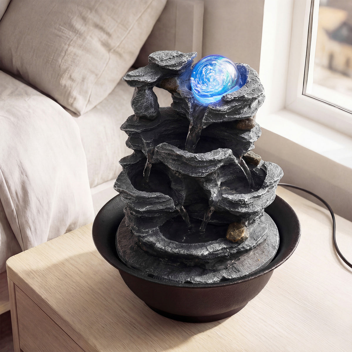 Tabletop Water Fountain with Rolling Crystal Ball and Color-Changing LED Light-B