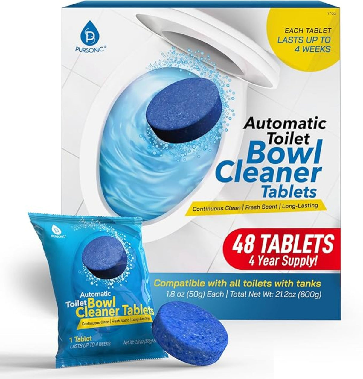 Automatic Toilet Bowl Cleaner Tablets Blue Gel Toilet Tank Cleaners, Septic-Safe Hard Water Ring Stain Remover, Smell Eliminator Heavy Duty Toilet Cleaning & Deodorizer, Fresh Scent - 48 Tabs by Pursonic
